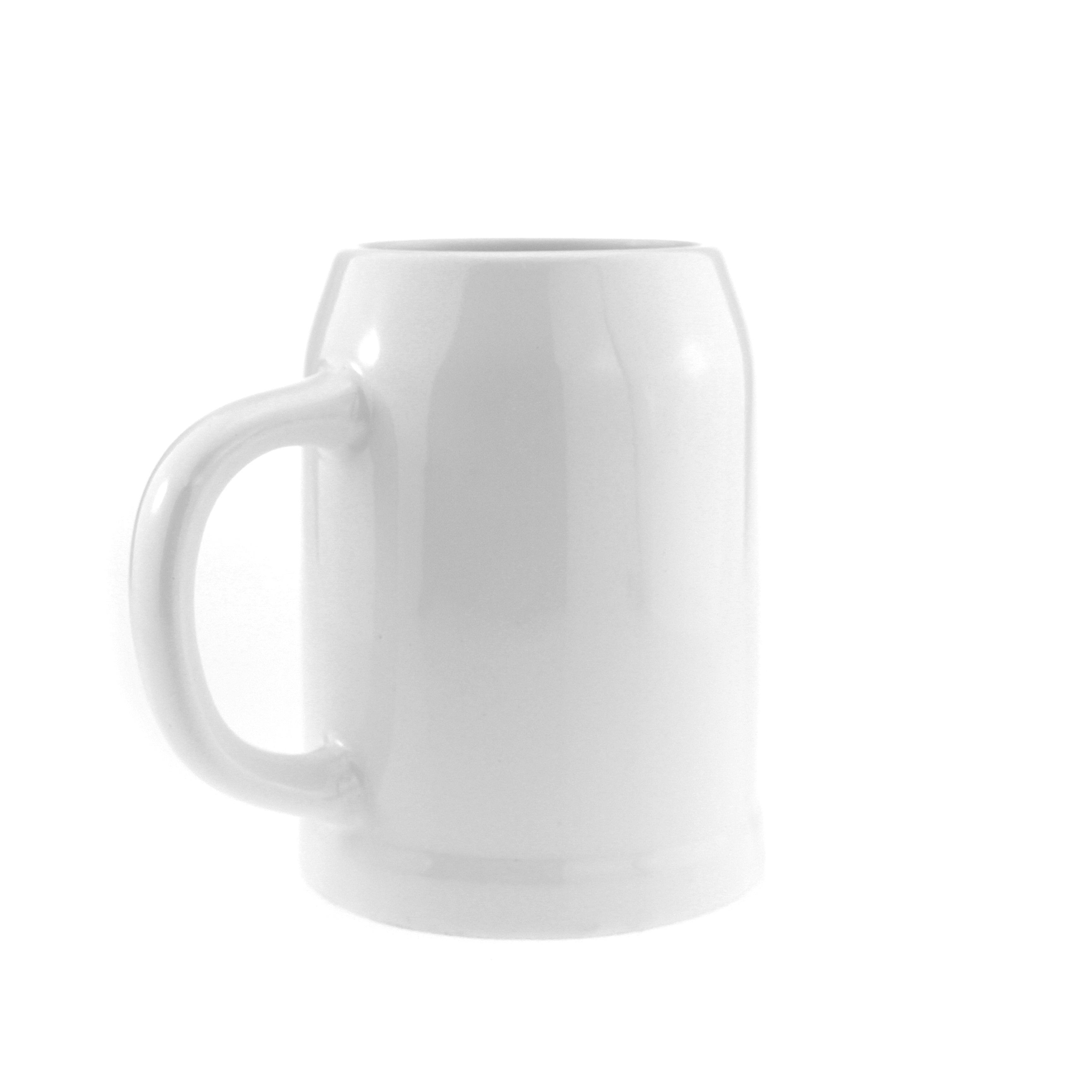 Stein-Bierkrug in beige mit dunkelblauem Schriftzug und Logodruck, zylindrische Form, Fassungsvermögen 0,5 l.