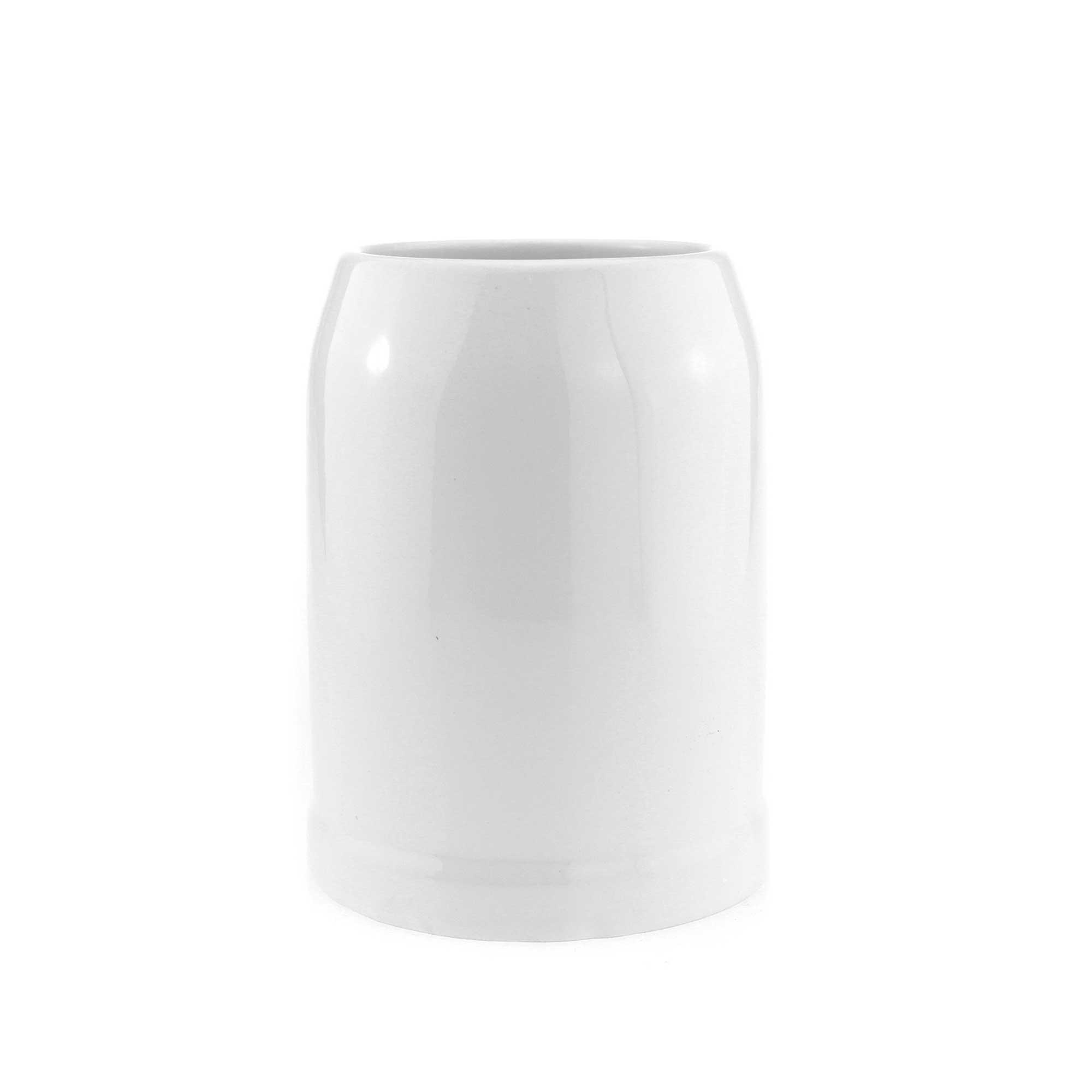 Hellgrauer Stein-Bierkrug mit dunklem Henkel, bauchiger Form und schwarz graviertem Logo auf der Vorderseite.