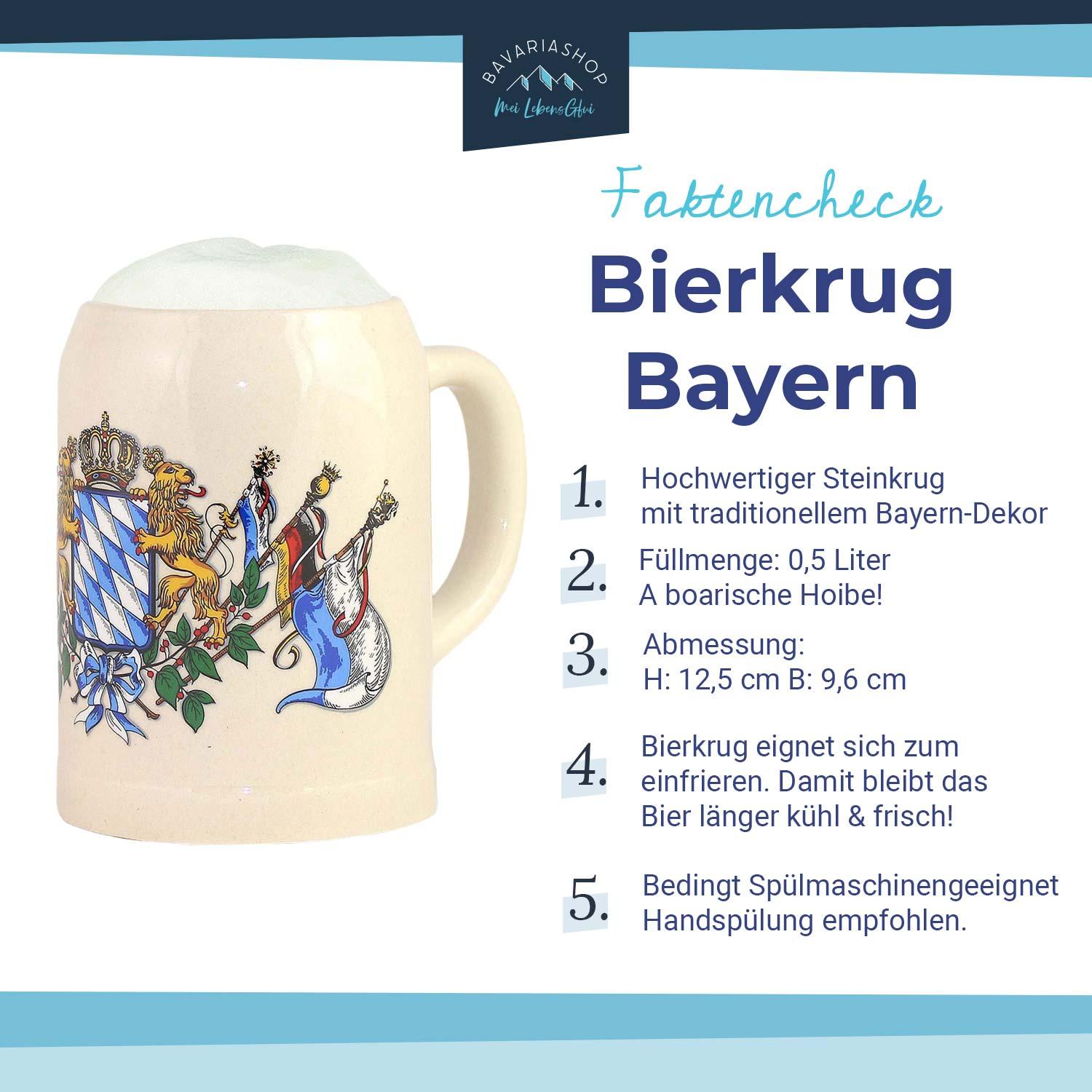 Traditioneller Steinkrug aus hellgrauer Keramik mit bayerischem Wappen und blauem Rautenmuster, 0,5 Liter.