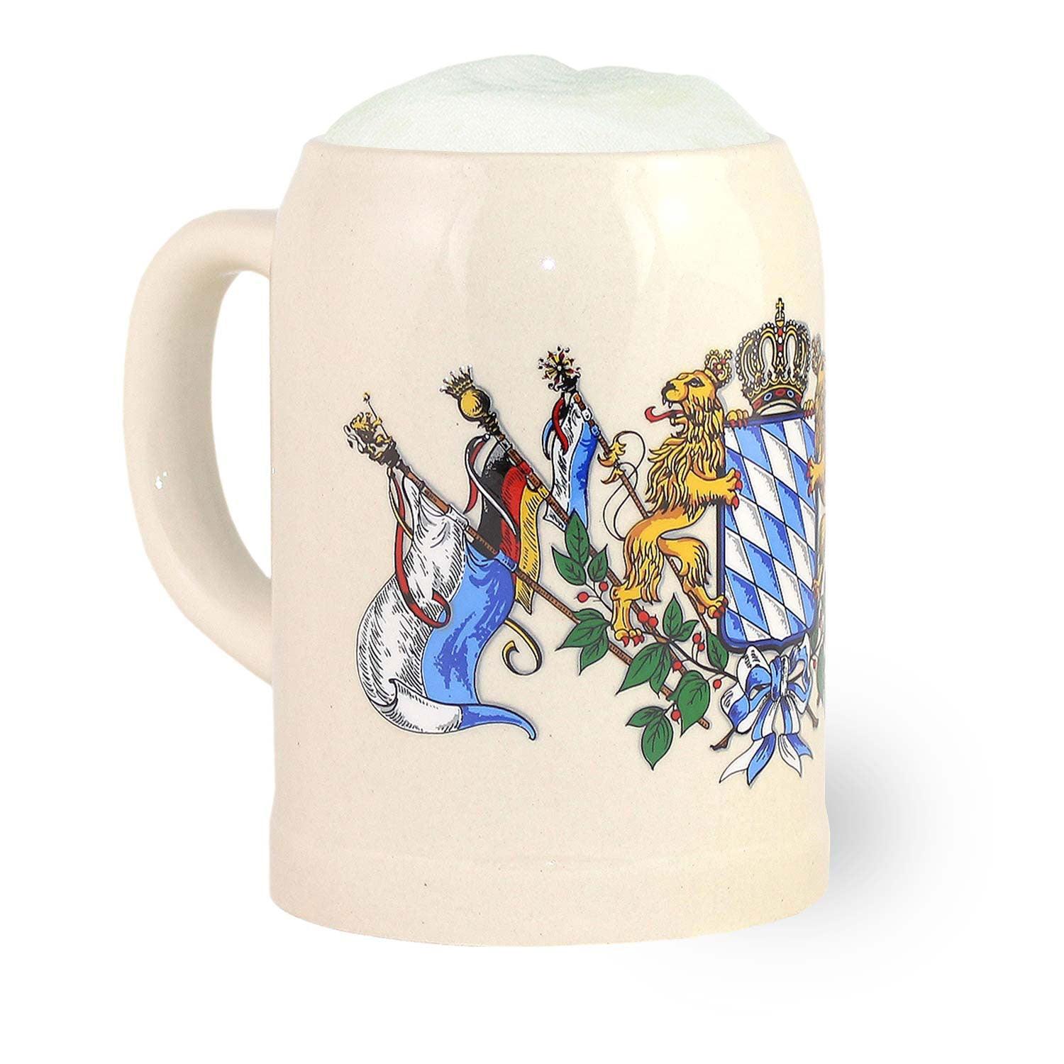 Traditioneller, grauer Steinkrug mit bayerischem Wappen, geschwungener Form und blauem Rautenmuster, 0,5 Liter.