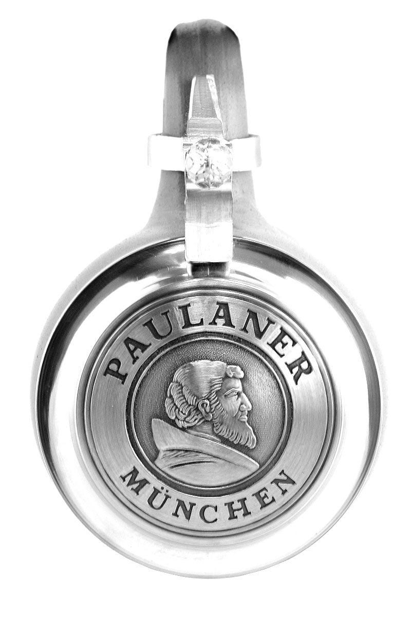 Salzglasierter Bierkrug aus grauem Steingut mit Zinndeckel und dunkelblauem Paulaner-Logo, 1,0 Liter.
