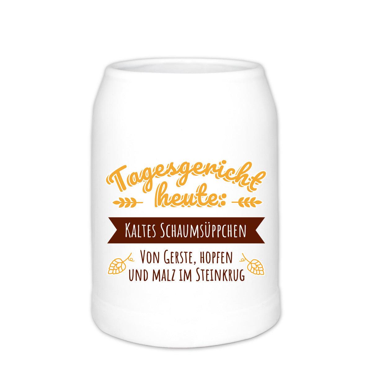 Personalisierter Steinkrug aus hellgrauer Keramik mit braunem Rand, Gravur „Schaumsüppchen“ und Wunschname.