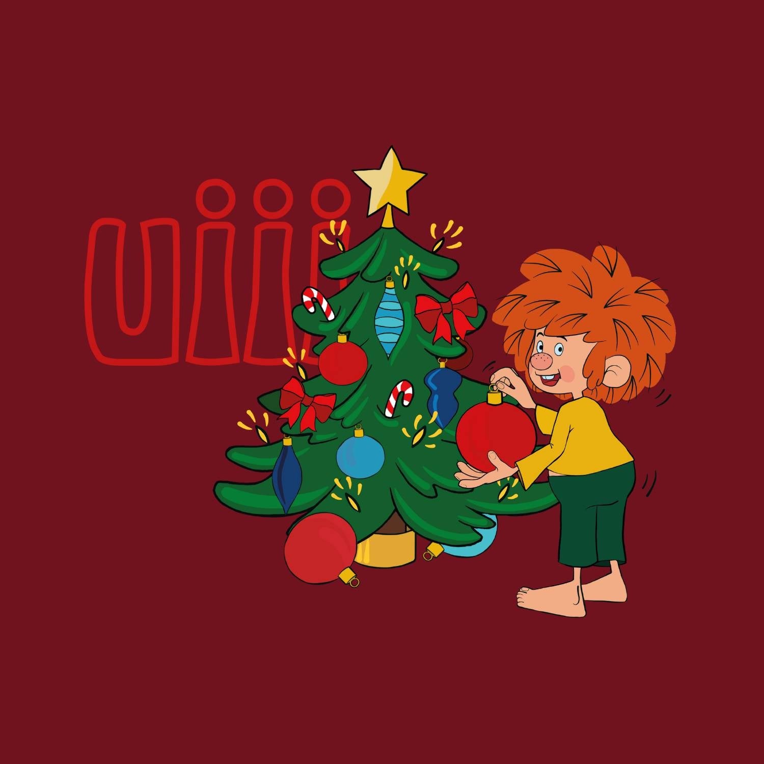 Pumuckl Kinder T-Shirt mit rotem Hintergrund, Pumuckl schmückt einen Weihnachtsbaum, Text "uii!" neben dem Baum.
