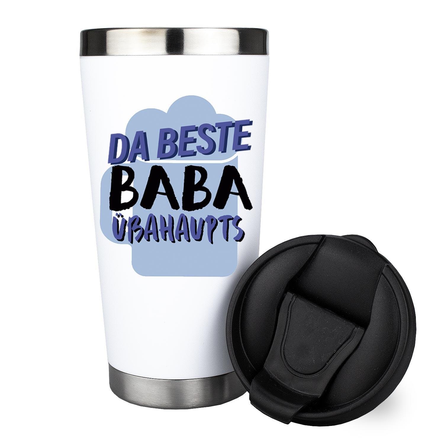 Isolierter Thermo-Becher mit schwarzem Deckel, weißem Korpus und schwarzer Schrift „Da beste Baba übahaupts“, 420 ml, bruchfest.
