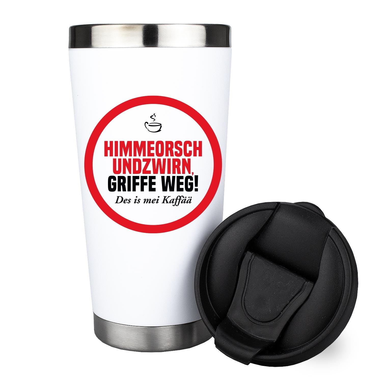 Weißer, leichter Thermobecher mit schwarzem Deckel, Aufdruck „GRIFFE WEG! Des is mei Kaffää“, 420 ml, bruchfest.