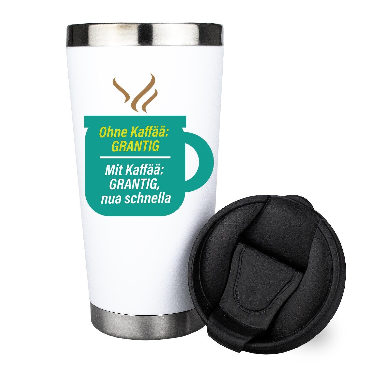 Weißer Thermo-Becher mit schwarzem Deckel, bayerischem Spruch-Aufdruck und matter Oberfläche, 420 ml, bruchfest.