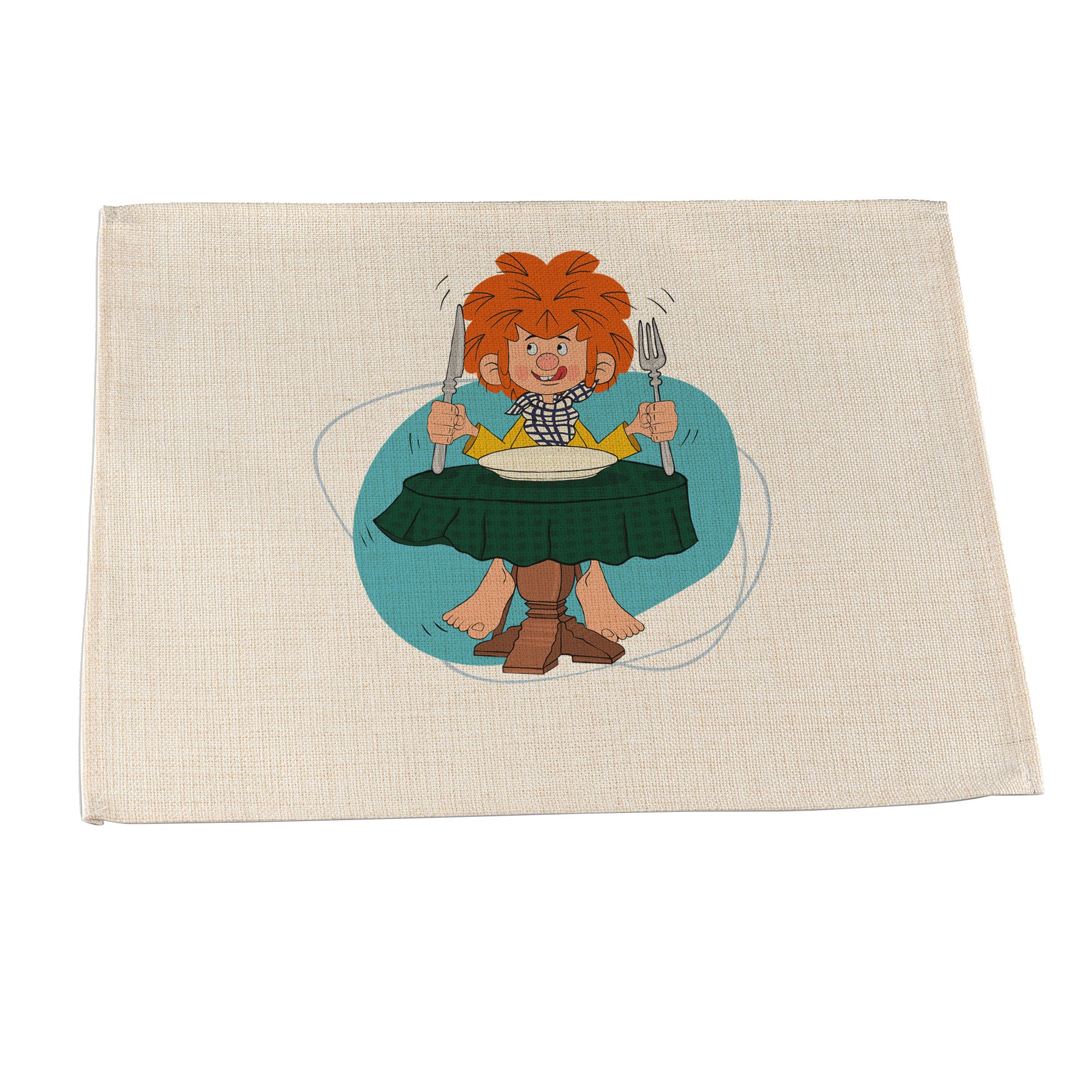Abwaschbares Pumuckl-Tischset mit Motiv und personalisierbarem Namensdruck, rechteckig, Jute-Imitat, 40,5 x 30,5 cm.