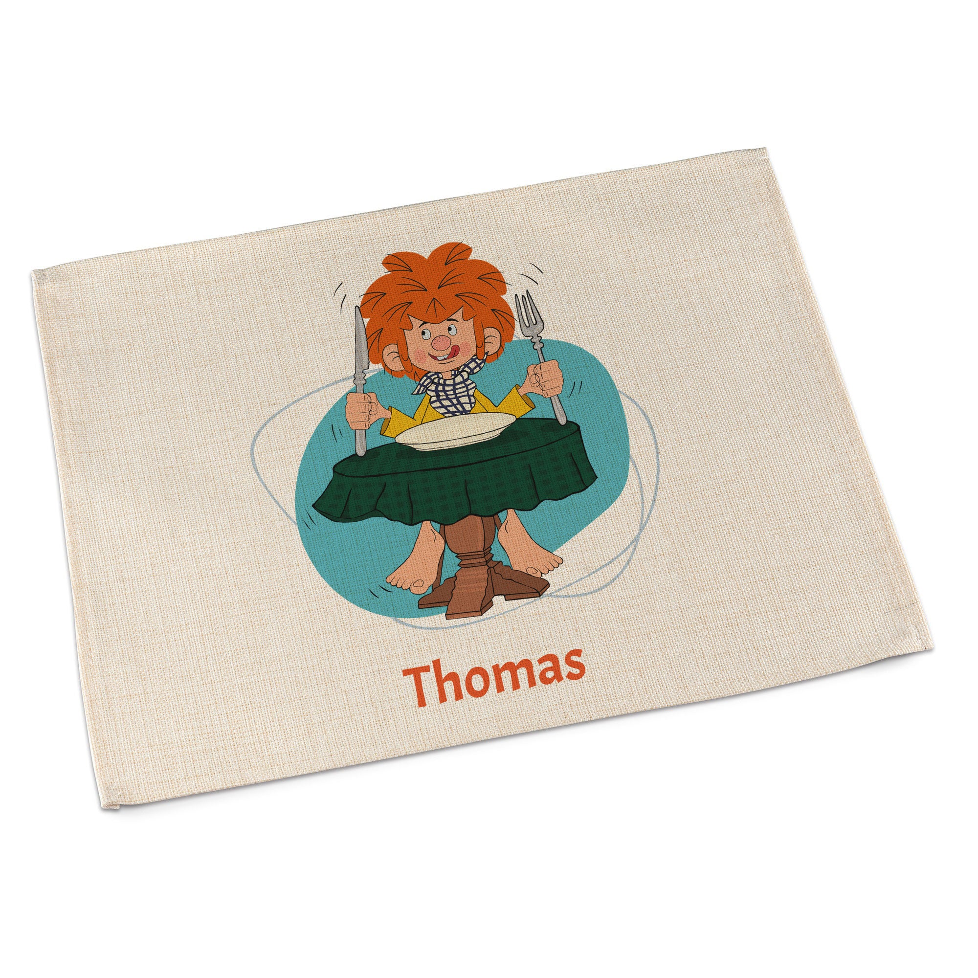 Abwaschbares Pumuckl-Tischset aus Jute-Imitat mit Wunschname, rechteckig, personalisierter Namensdruck.