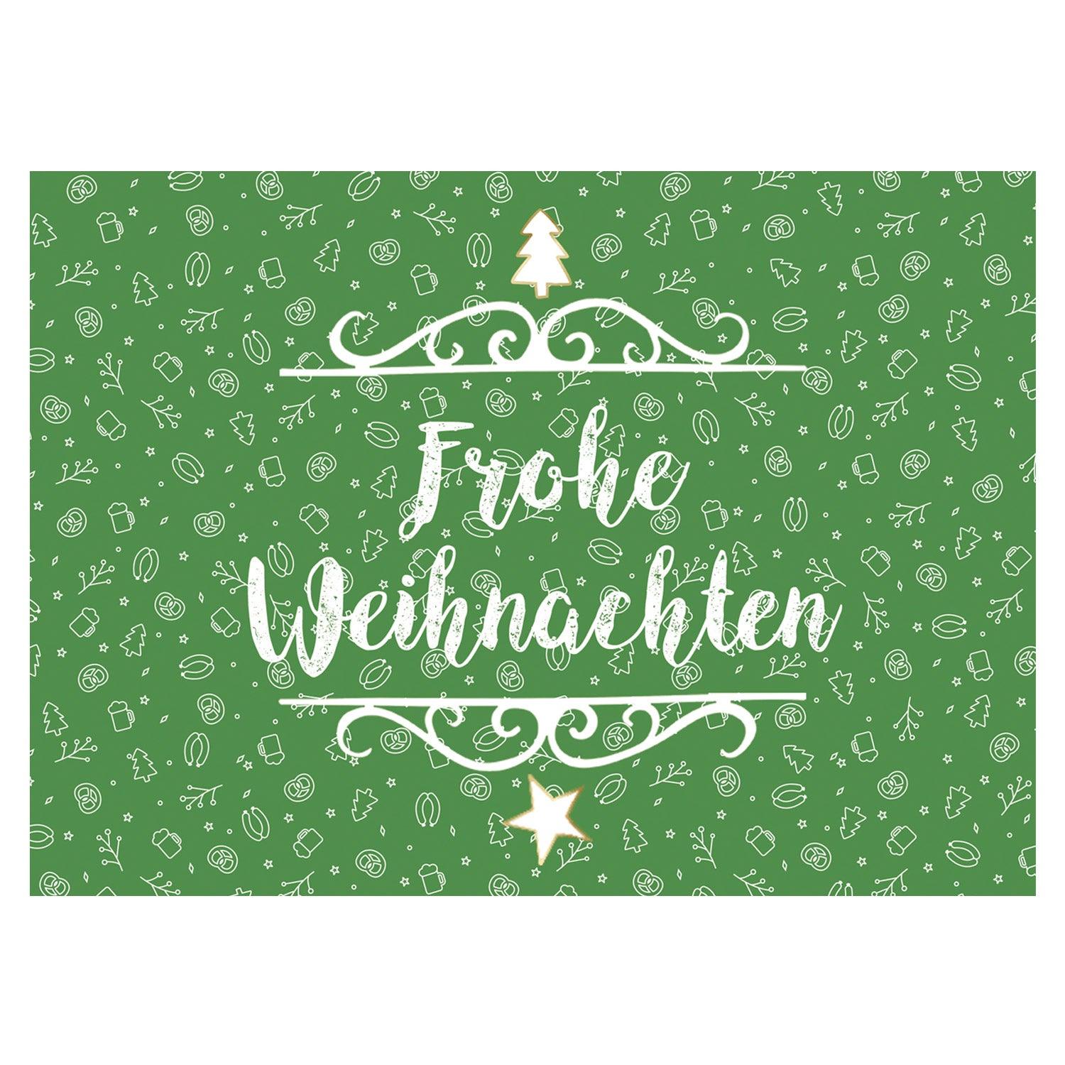 Klappkarte mit bayerischem Schriftzug „Frohe Weihnachten“ und weihnachtlichem Motiv, Format DIN A6, Querformat.