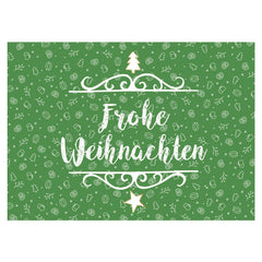 Weihnachts-Grußkarte mit weißem "Frohe Weihnachten" Schriftzug auf grünem Hintergrund, verziert mit bayerischen Motiven.