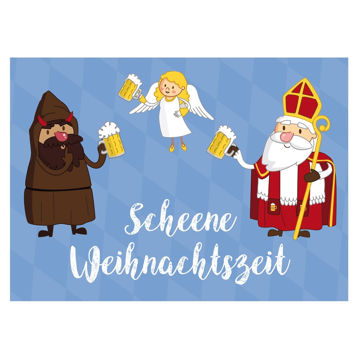 Klappkarte mit bayerischem Schriftzug „Scheene Weihnachtszeit“ und winterlichem Motiv, DIN A6, Querformat.