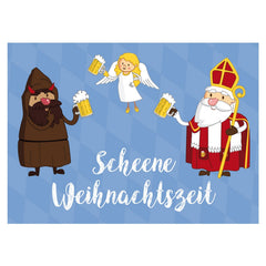 Lustige Weihnachts-Grußkarte Scheene Weihnachtszeit mit Krampus, Engel und Nikolaus, die Bierkrüge halten.