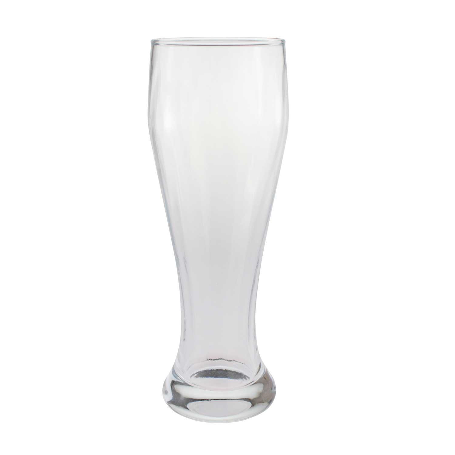 Personalisiertes Weißbierglas aus Klarglas mit geschwungener Form und trichterförmigem Rand, Gravur-Logo mittig.