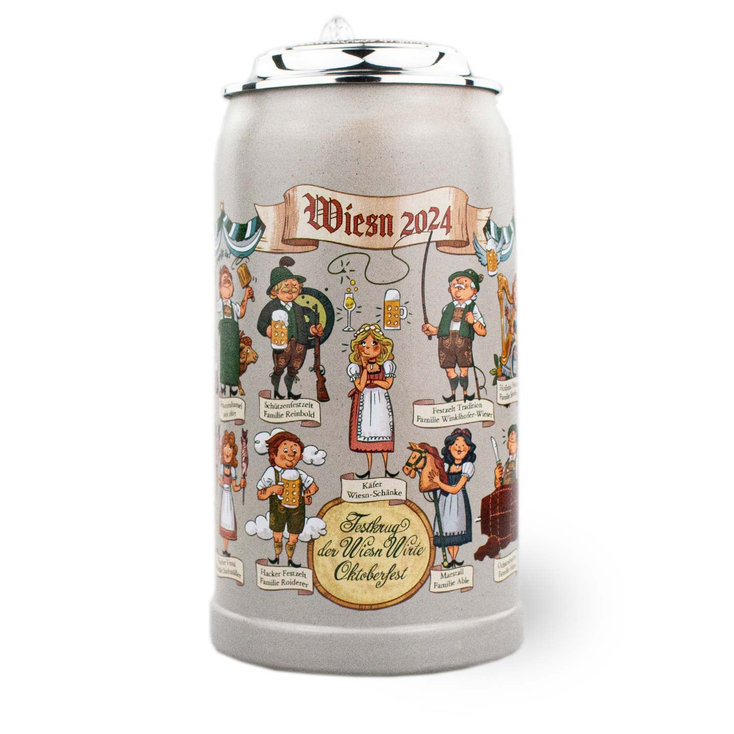 Wiesn Wirtekrug 2024 aus Steinzeug mit Zinndeckel, farbigem Motiv und Jahreszahl, 1,0 Liter, am Boden nummeriert