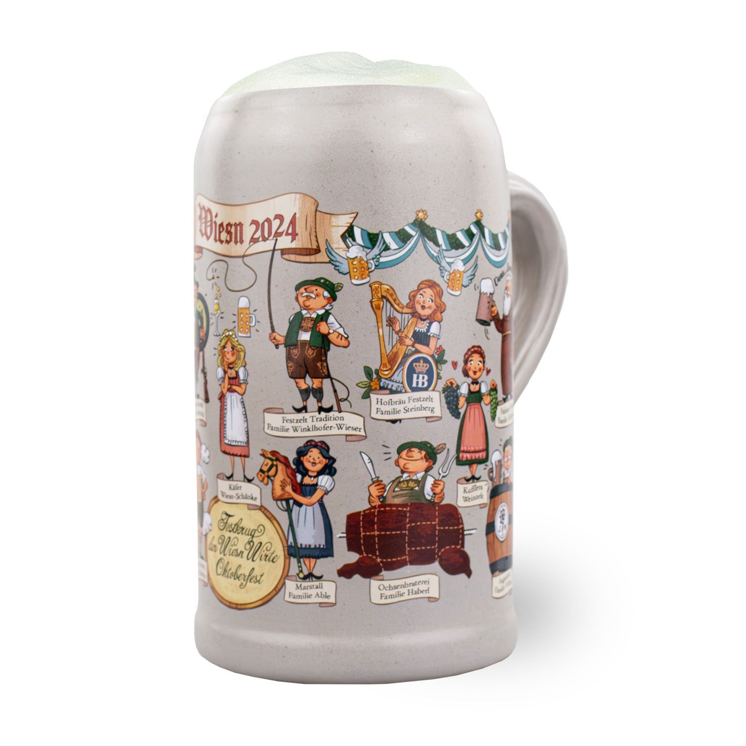Oktoberfest-Sammlerkrug 2024 mit bunter Wirtemotiv-Illustration, Steinkrug mit Zinndeckel, 1,0 L, durchnummeriert.