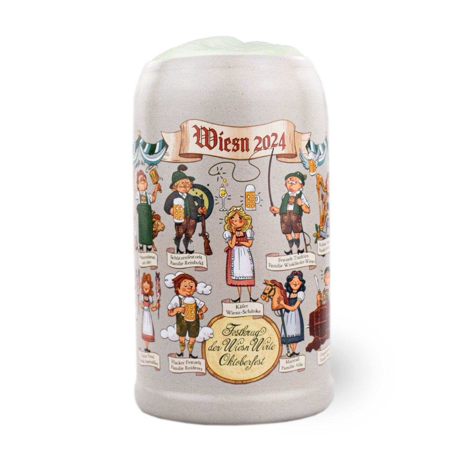 Oktoberfest Sammlerkrug 2024 aus Steingut, mit buntem Wiesn-Motiv und Zinndeckel, 1,0 Liter, einzeln nummeriert.