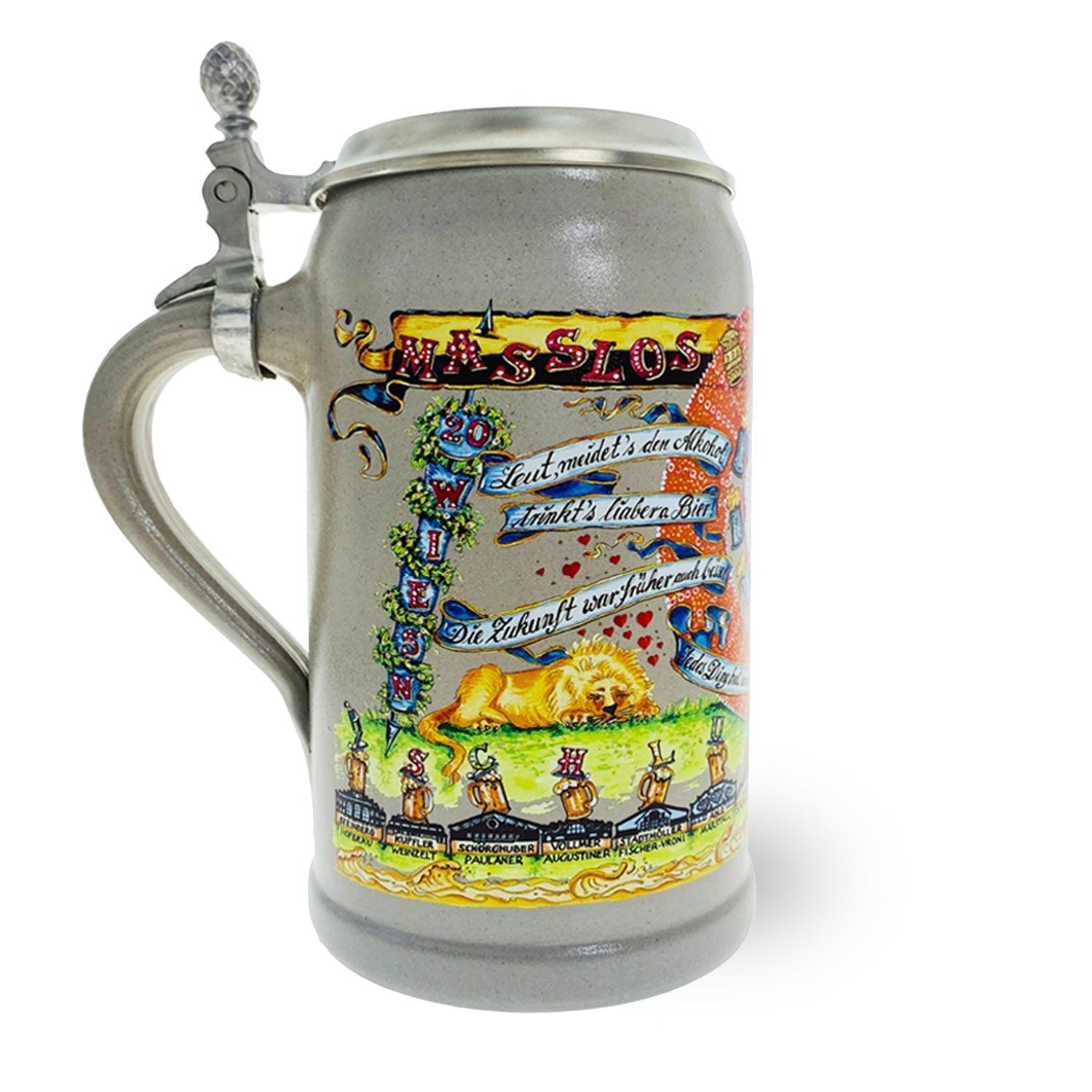 Wiesn Wirtekrug 2020/2021 mit Zinndeckel aus Steingut, farbiges Wiesn-Motiv, bauchige Form, 1,0 Liter Füllmenge