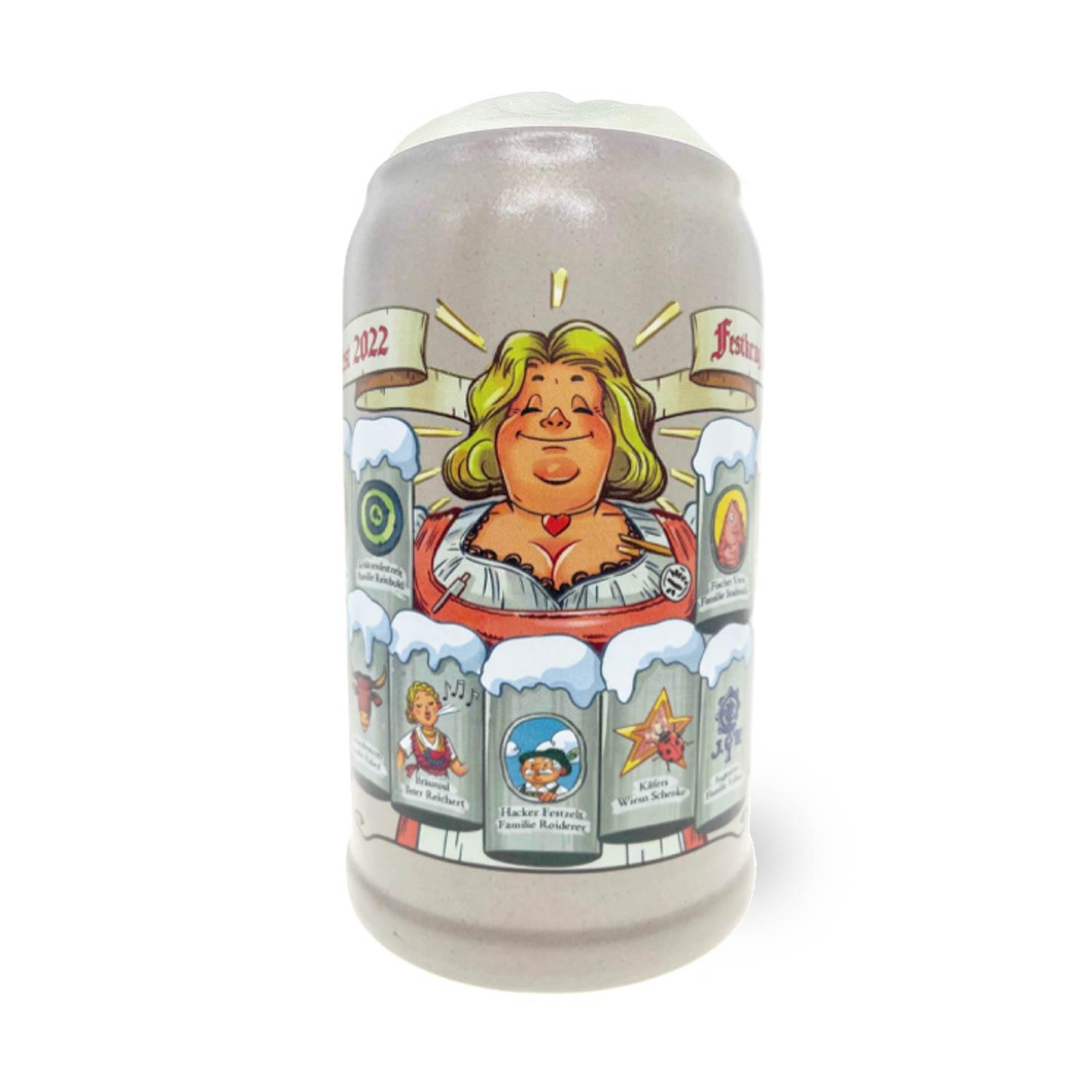 Wiesn Wirtekrug 2022 als limitierter Steinkrug mit buntem Motiv und Zinndeckel, Füllmenge 1,0 Liter.