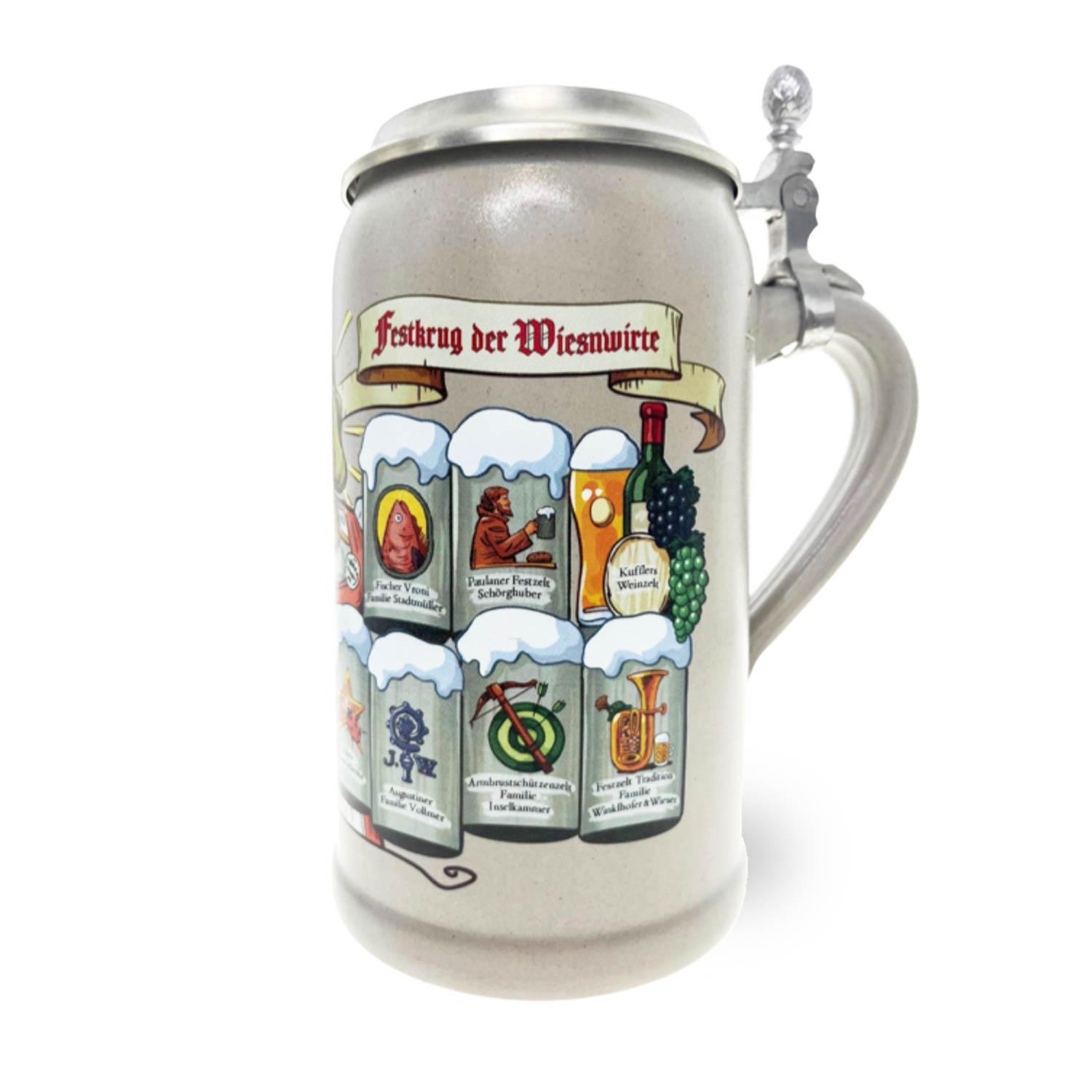 Steinkrug mit Zinndeckel, Wiesn-Wirte-Motiv 2022, bunt bedruckt, limitierte Edition, Füllmenge 1,0 Liter.