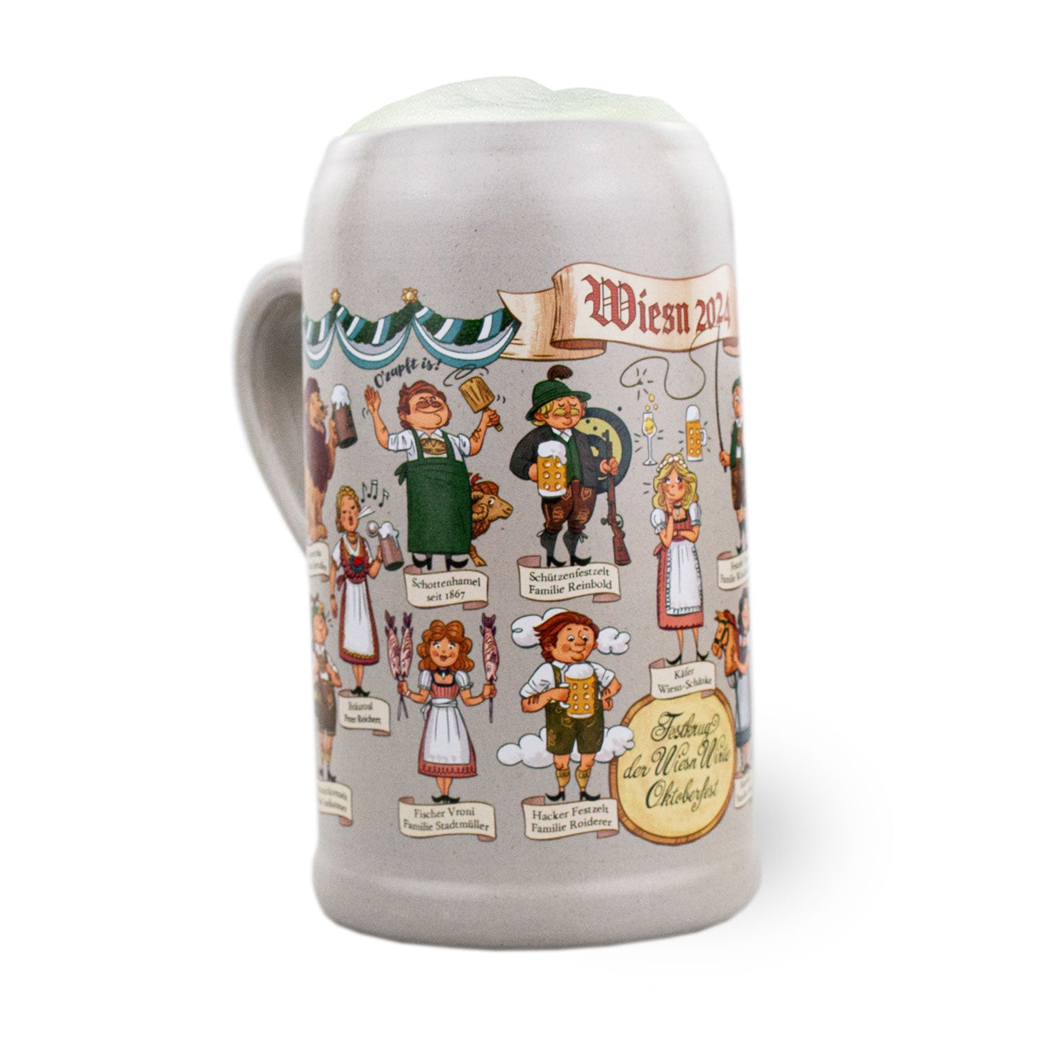 Oktoberfest-Steinkrug 2024 mit farbigem Wiesn-Motiv, Zinndeckel und eingeprägter Jahreszahl, 1,0 Liter, durchnummeriert.