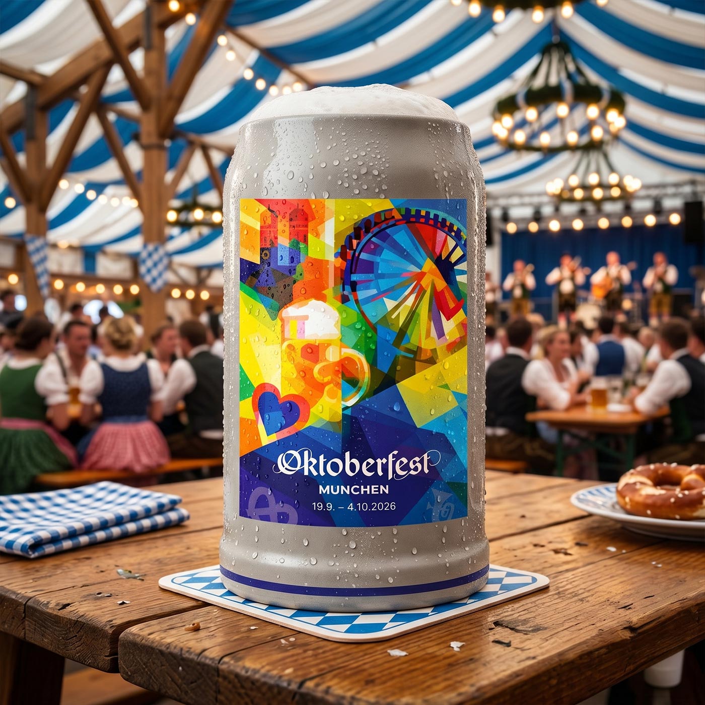 Offizieller Oktoberfestkrug 2026 mit bunten Motivdetails und Text, voll mit Bier und Schaum, auf Holztisch