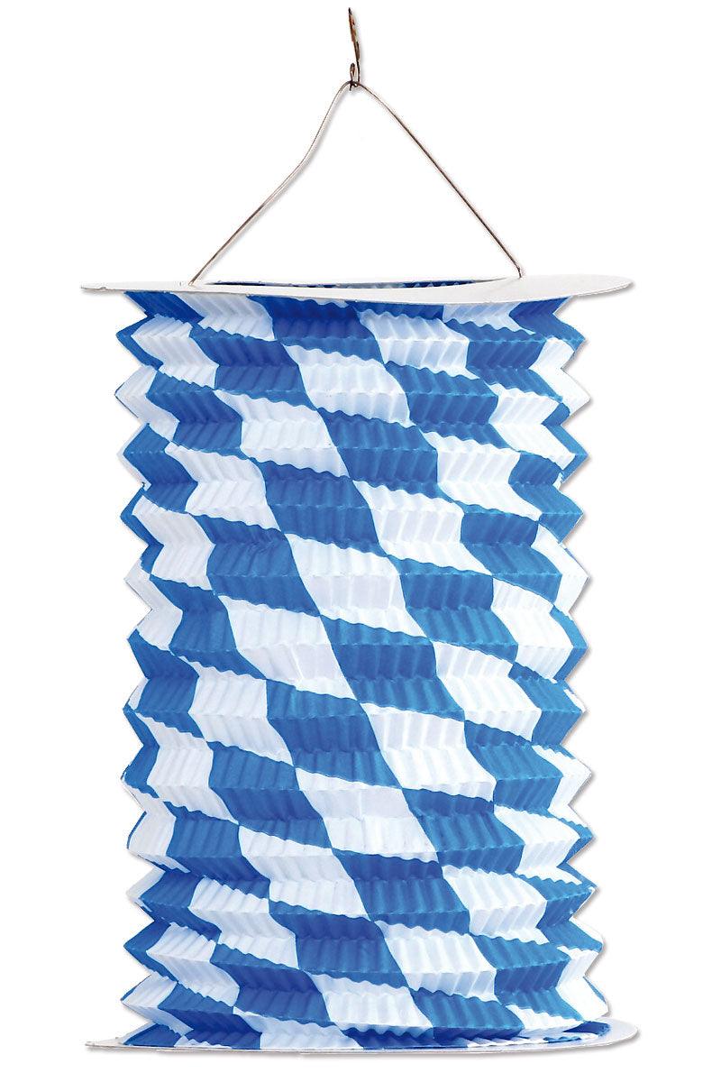 Runde Zuglaterne im traditionellen bayerischen Rautenmuster, mit biegbaren Metalleinsatz für Kerzen, in Blau-Weiß.