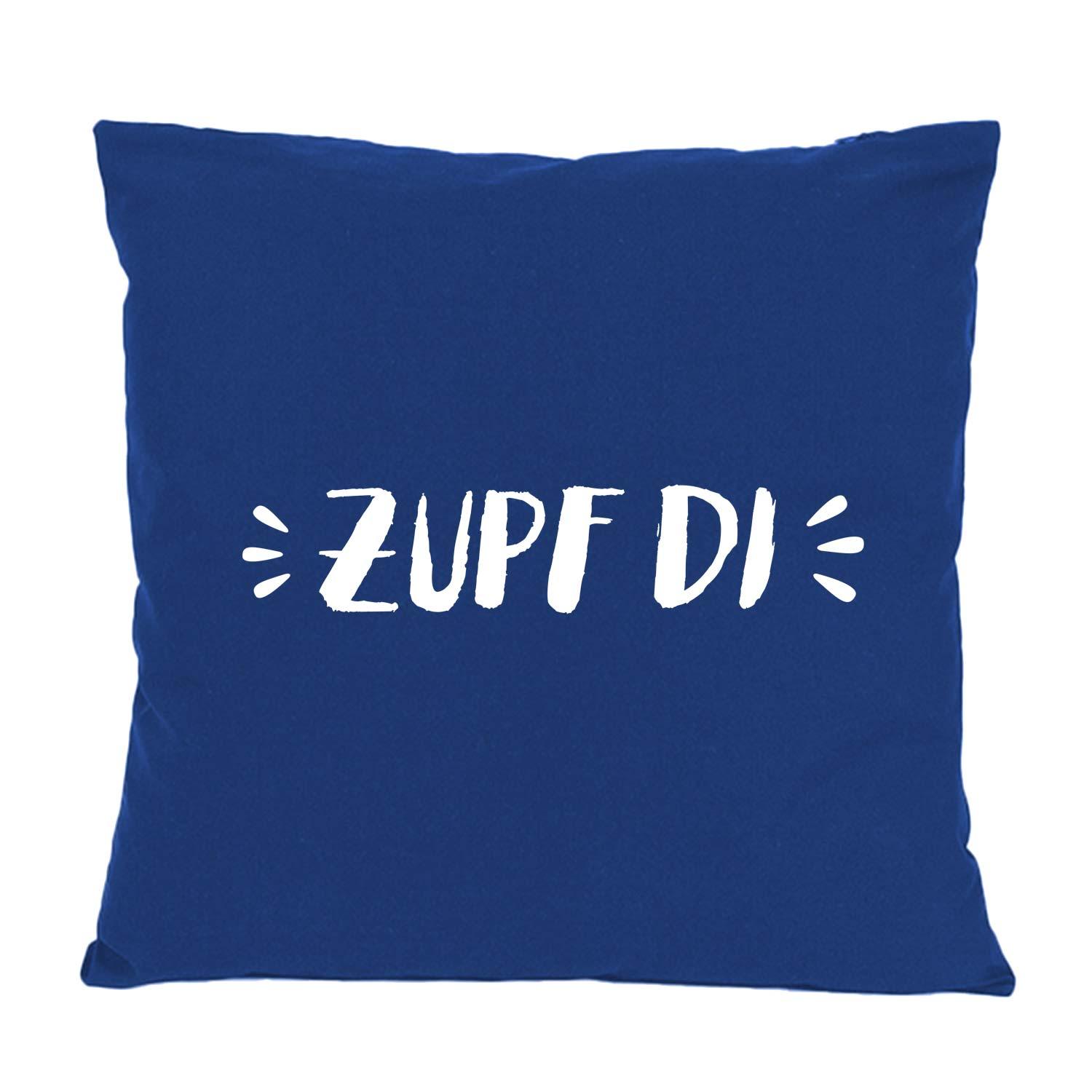 Kissen Zupf di in Dunkelblau mit weißem Schriftzug, quadratisch für Sofa oder Bett