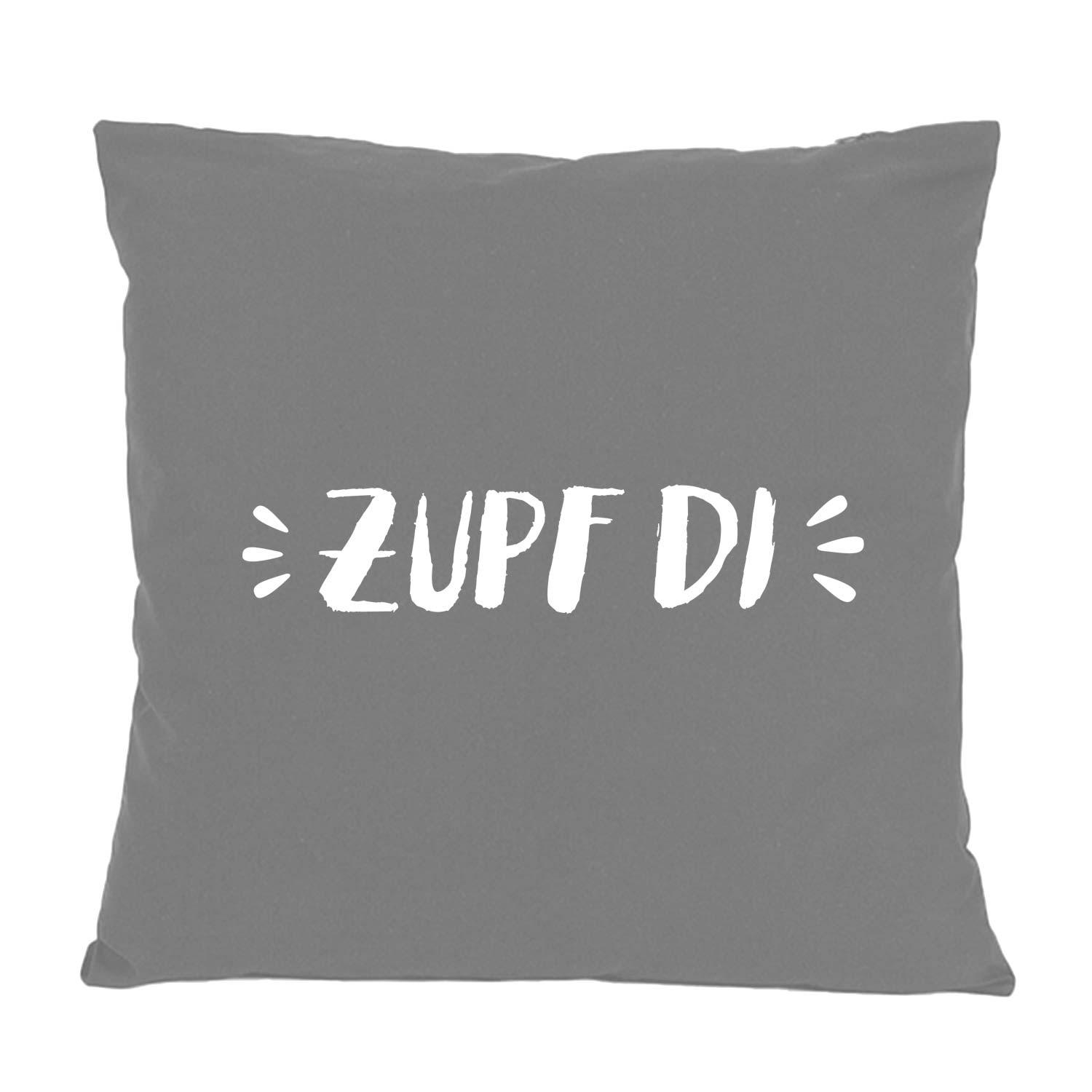 Graues Kissen Zupf di mit weißem, verspieltem Schriftzug für Bayern-Deko, Wohnzimmer und Geschenk-Ideen.