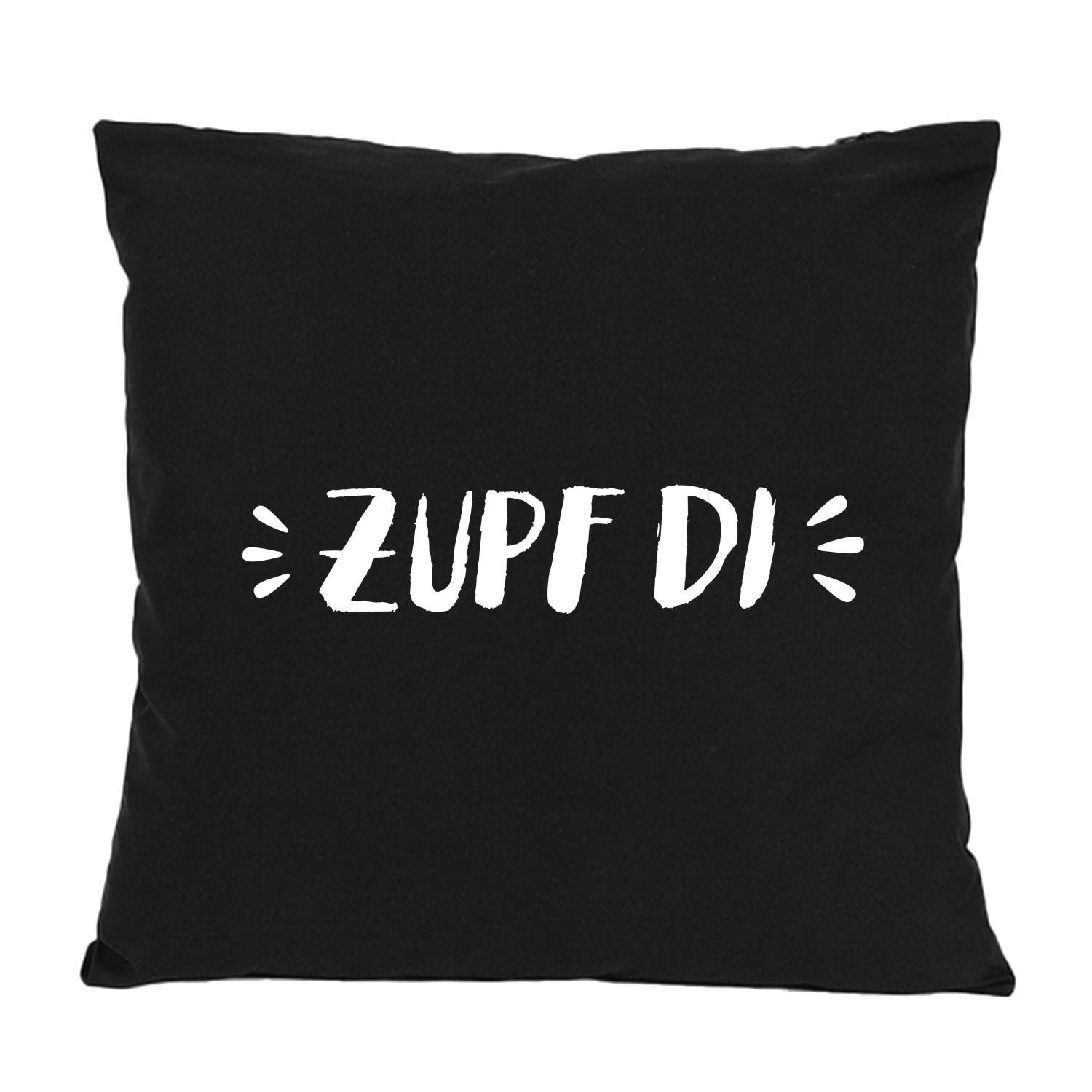 Schwarzes Kissen "Zupf di" mit weißem, handschriftlichem Textmotiv, quadratisch und modern.