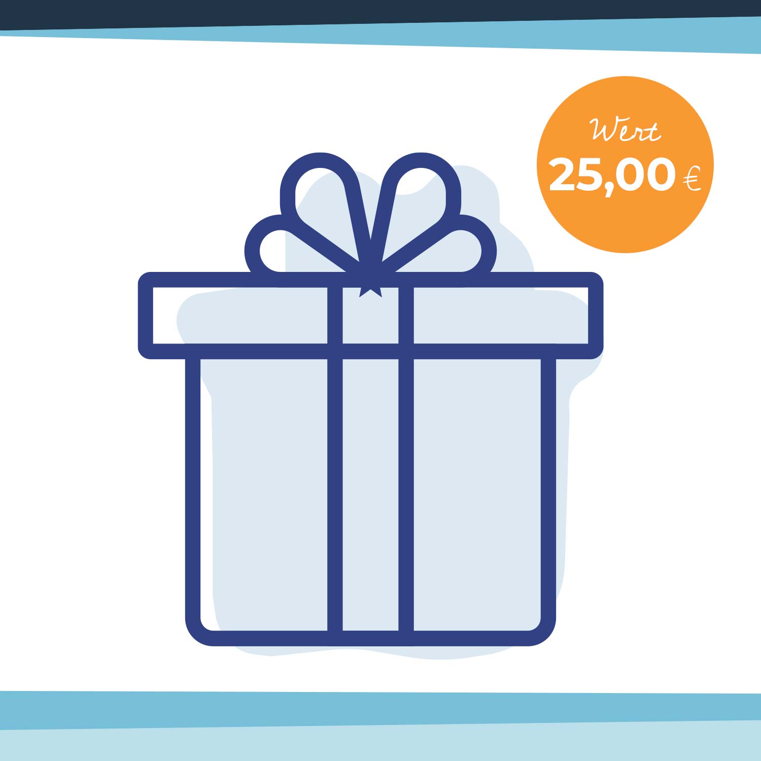 Digitaler Geschenkgutschein mit 25-Euro-Wert, rechteckig, farbig gestaltet mit sichtbarem „Geschenkgutschein“-Schriftzug.