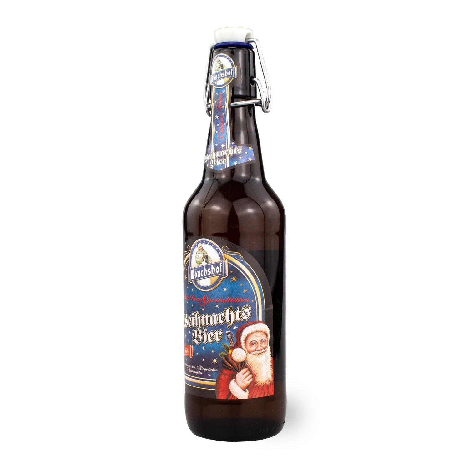 Bernsteinfarbenes Weihnachtsbier mit feinporiger Schaumkrone, sichtbarem Schriftzug „Weihnachtsbier“, 0,5 Liter, 5,6 % vol.